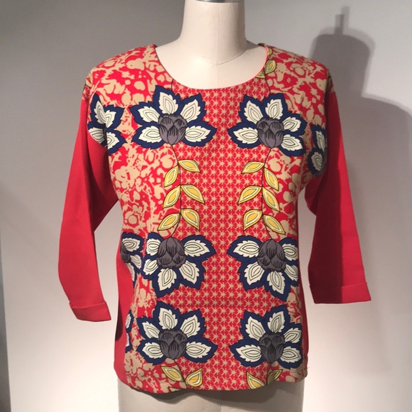 Philter 3/4 sleeve red navy gold floral BLOUSE - Picture 1 of 7